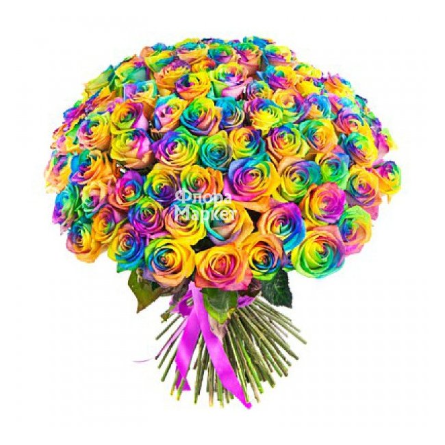 Радужный букет роз 101 шт, под заказ в Петрозаводске от магазина цветов «Флора Маркет»