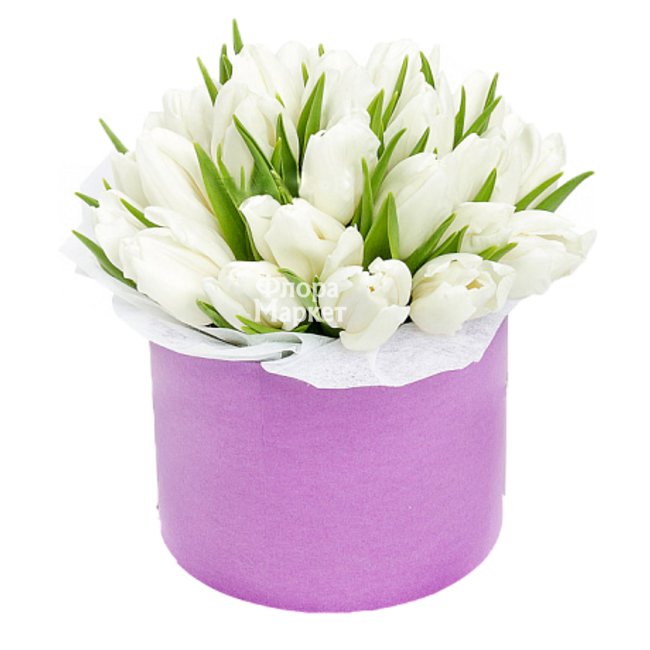 25 тюльпанов в шляпной коробке в Петрозаводске от магазина цветов «Флора Маркет»